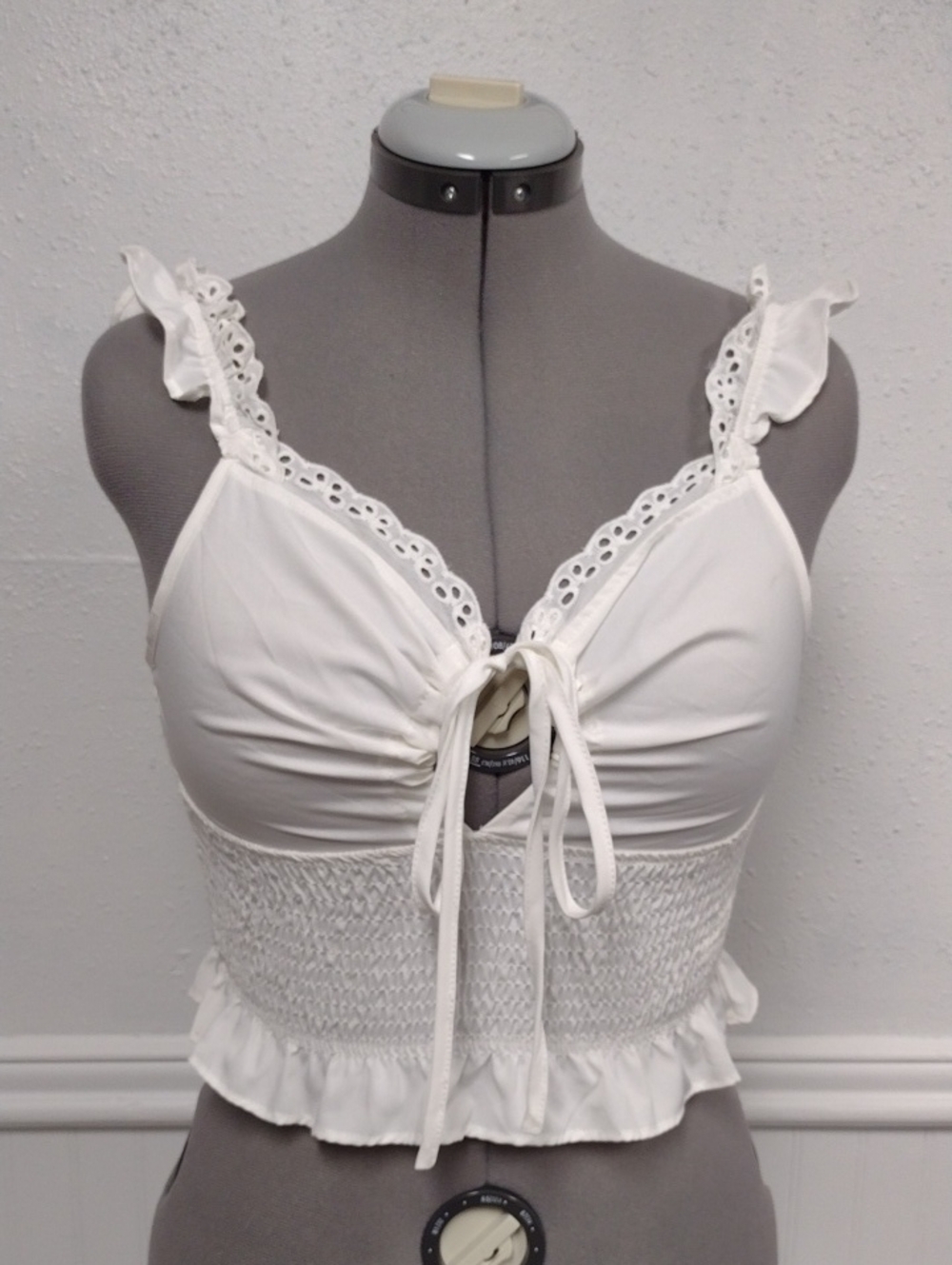 White Lace-Trim Smocked Tie-Front Camisole